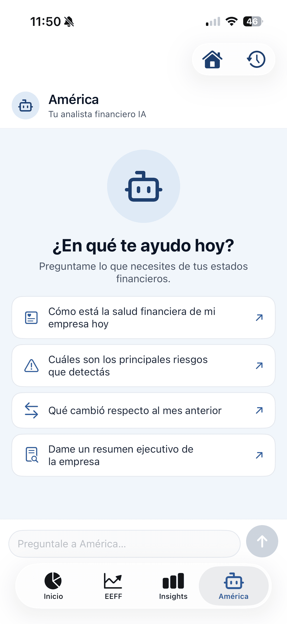 Tab América — Chat con el analista financiero IA. Sugerencias proactivas contextualizadas (cómo está la salud financiera, principales riesgos detectados, qué cambió vs mes anterior, resumen ejecutivo) y campo de chat conversacional sobre los EEFF.